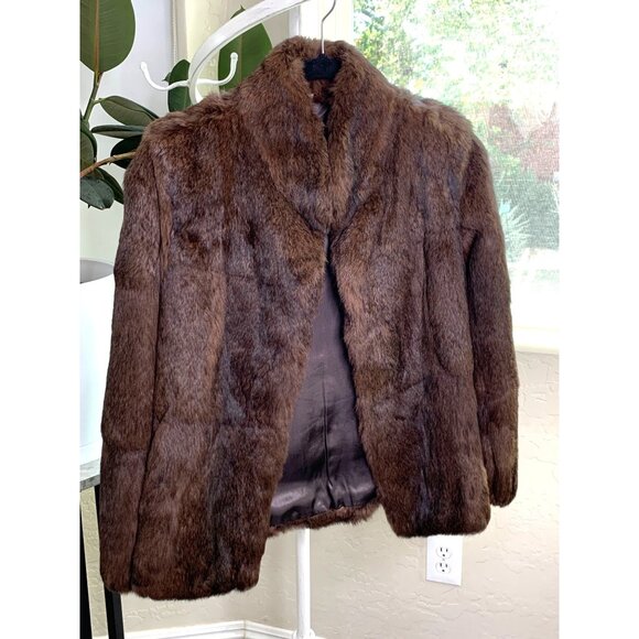 Genuine Vintage Rabbit Fur Brown Size S 6 Stand Collar Satin Lined Pockets 7019 - Picture 2 of 8